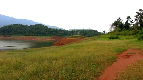 Scenic view of grassy field and mountains against clear sky