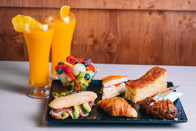 Close-up of breakfast served on table