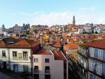 An aerial view of the red roofed buildings of an old town