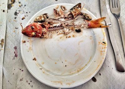 Close-up of fish leftovers in plate on table