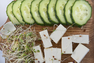 High angle view of chopped vegetables on cutting board