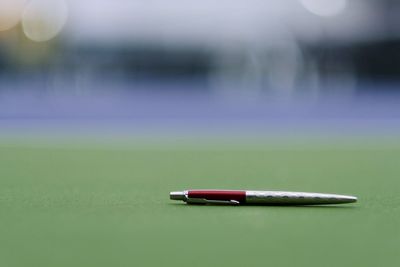 Close-up of pen on green floor