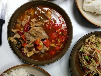 High angle view of food in bowl on table