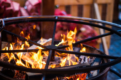 Close-up of bonfire at campsite