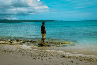 Full length of man standing on beach against sky