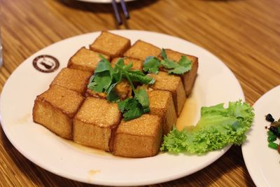 High angle view of food in plate on table