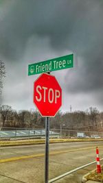 Close-up of road sign against sky