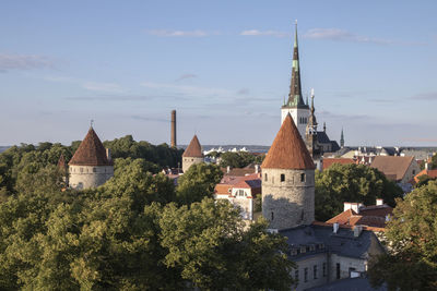 High angle view of trees and buildings against sky