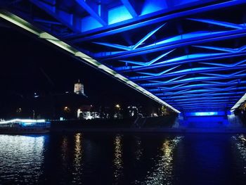 Illuminated bridge over river in city at night