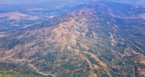 Aerial view rocky mountain landscapes on flight over colorado utah rockies wasatch front, usa.