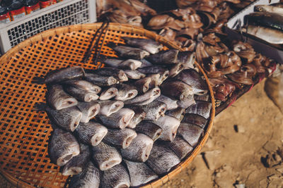 High angle view of fish for sale in market