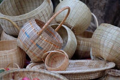 Close-up of wicker baskets for sale