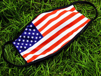 High angle view of flag on field