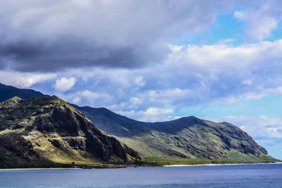 Scenic view of sea and mountains against sky