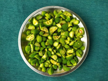 High angle view of salad in bowl on table