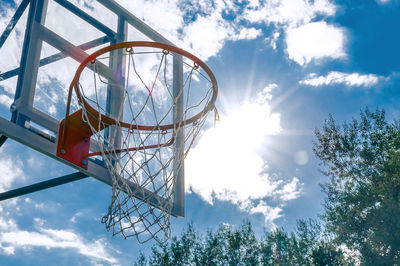 Basketball hoop against blue sky. low angle view