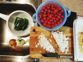 High angle view of fruits and vegetables on table