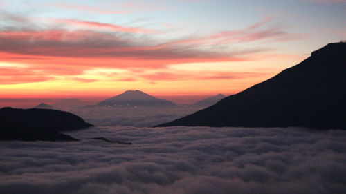 Scenic view of mountains against sky during sunset