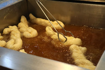 High angle view of food in cooking pan