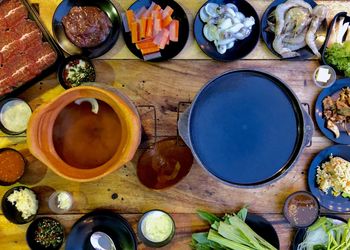 High angle view of food on table