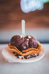 Close-up of dessert in plate on table