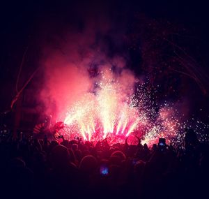 People watching firework display at night