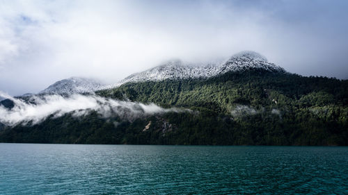 Scenic view of lake and mountains against sky
