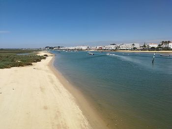 Scenic view of beach against clear blue sky