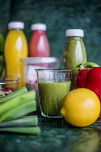 Close-up of fruits in glass on table