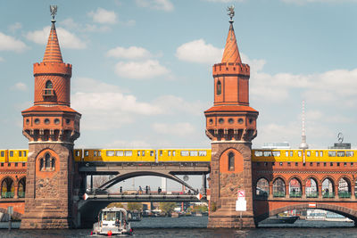 Low angle view of historic oberbaumbridge against sky with berlin transportation subway