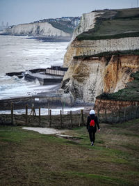 Rear view of man walking on beach