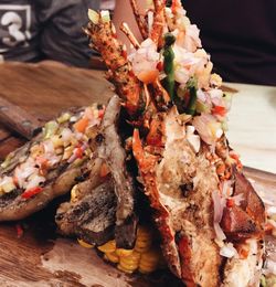 Close-up of lobster served in plate on table