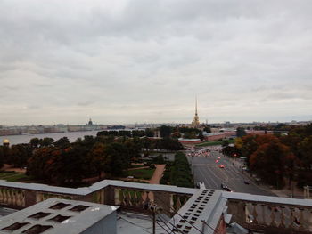 High angle view of city against cloudy sky
