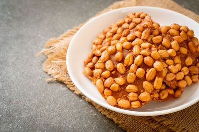 High angle view of pasta in bowl on table