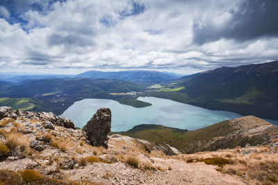 Scenic view of landscape and mountains against sky