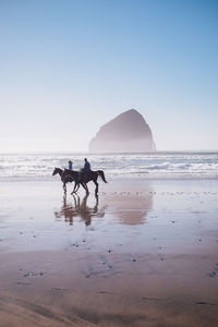 People riding horses at beach against clear sky