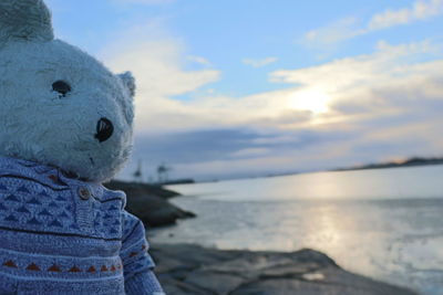 Toy on beach against sky during winter