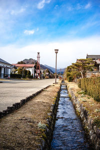 Footpath amidst buildings against sky