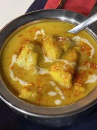 High angle view of soup in bowl on table