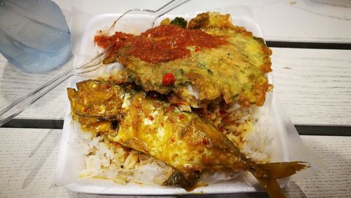 High angle view of food in plate on table