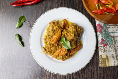 High angle view of food in plate on table