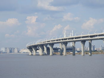 Bridge over  baltic sea against cloudy sky