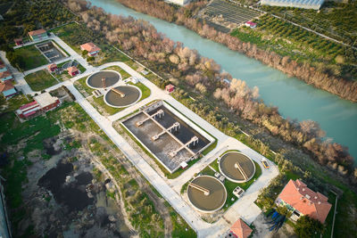Sewage water treatment plant. water purification plant top down aerial view