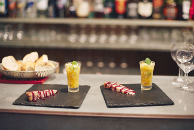 Close-up of food served on table