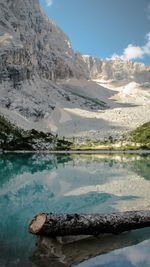 Scenic view of lake by mountains against sky