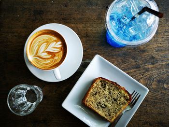 High angle view of breakfast served on table