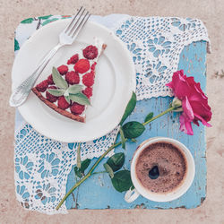 High angle view of breakfast on table