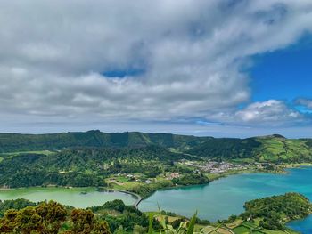 Scenic view of bay against sky