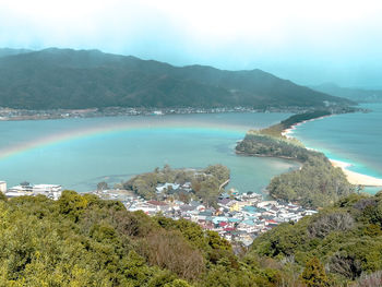 Scenic view of sea and mountains against sky