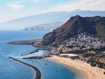 Scenic view of sea by mountains against sky